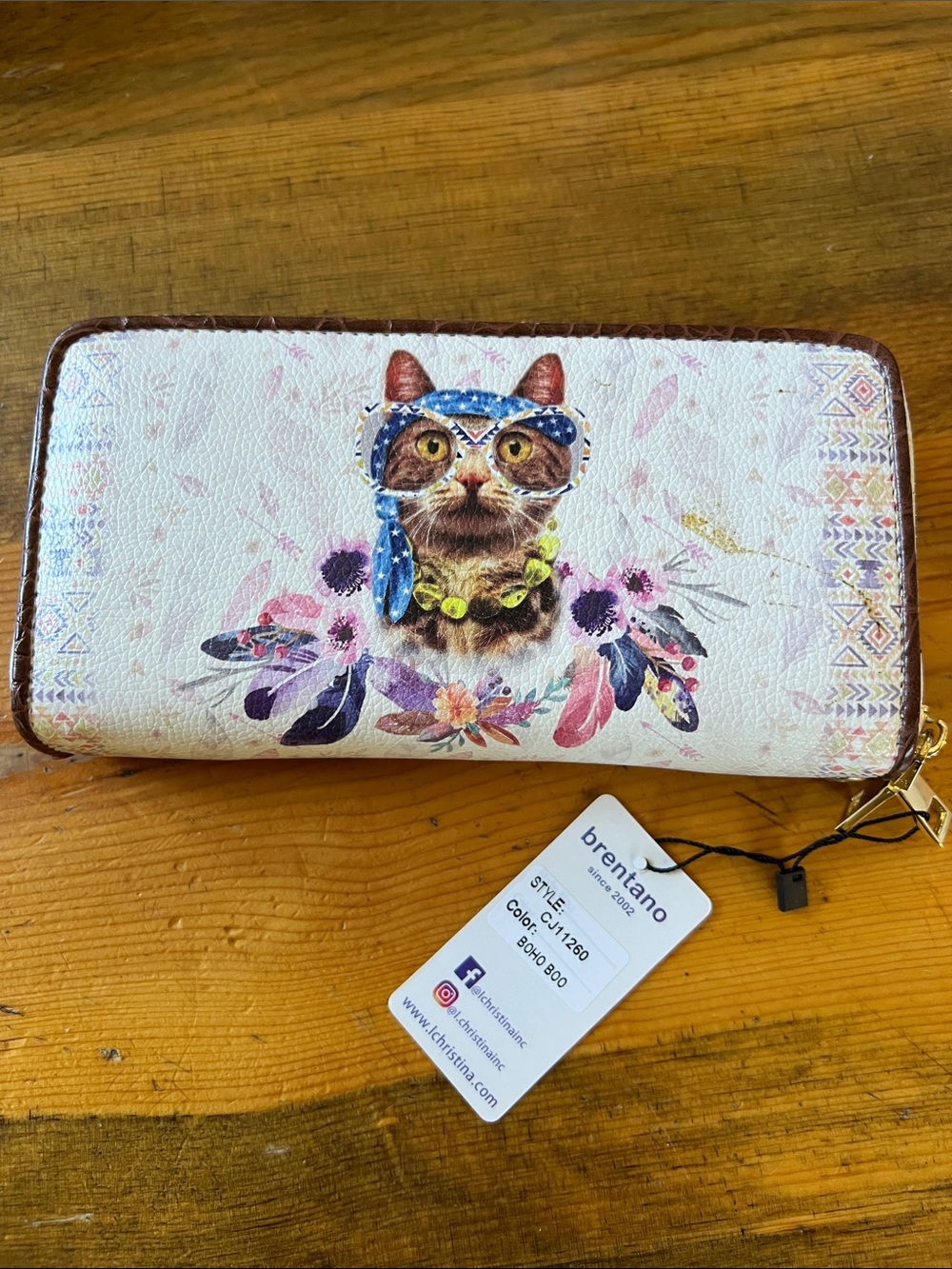 Brentano Cat Print Zip Wallet – BoHo w/ wristlet strap